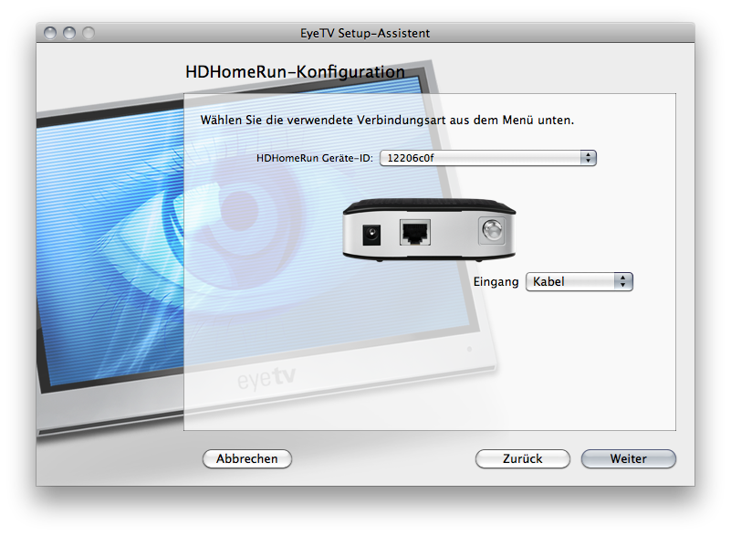 Ausschnitt aus dem Installationsvorgang des HDHR3-EU in EyeTV3 unter OS X