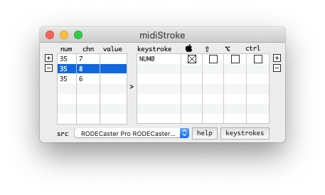 Im Bild zu sehen ist ein Screenshot der Software midiStroke. Hier verknüpfen wir die MIDI-Steuerbefehle in Shortcuts für OBS. Im Bild zu sehen ist, dass ich drei Pads mit jeweils einer der Ziffern des Nummernblocks belegt habe.