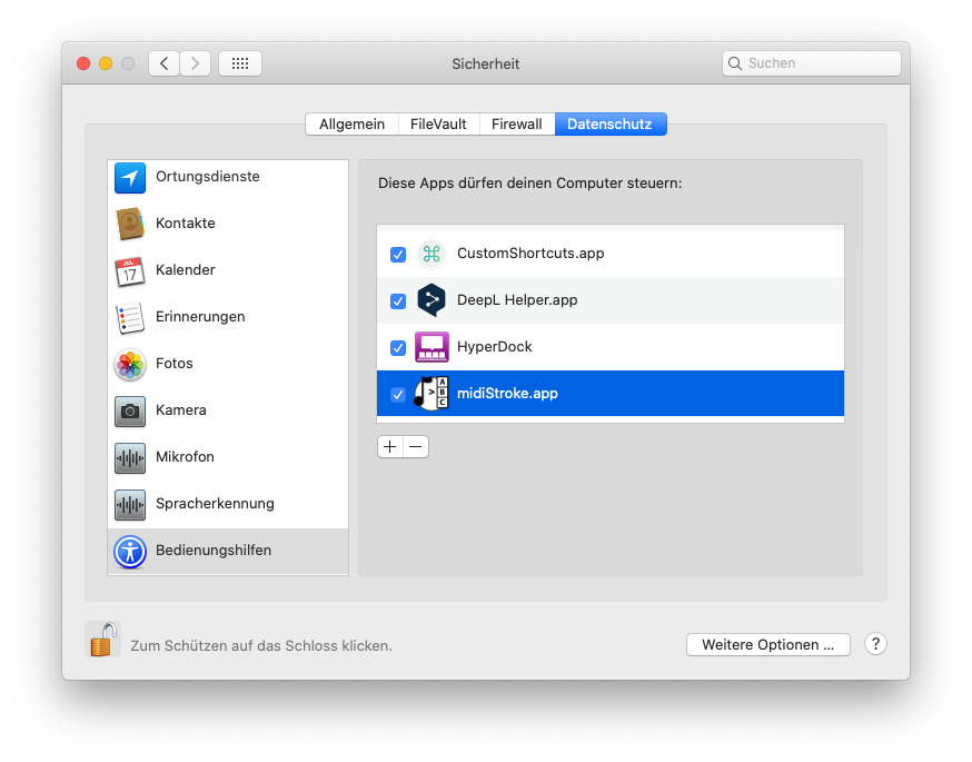 Der Screenshot zeigt die Systemsteuerung von macOS. Die Erlaubnis für midiStroke den Mac zu steuern ist aktiviert.